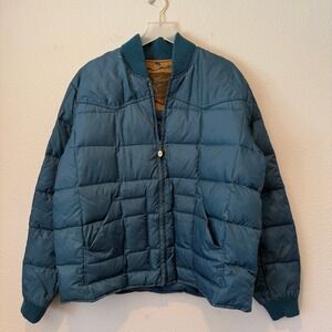 Ranch Gear Vintage Teal Blue Down Puffer Jacket Western Quilted Bomber XL